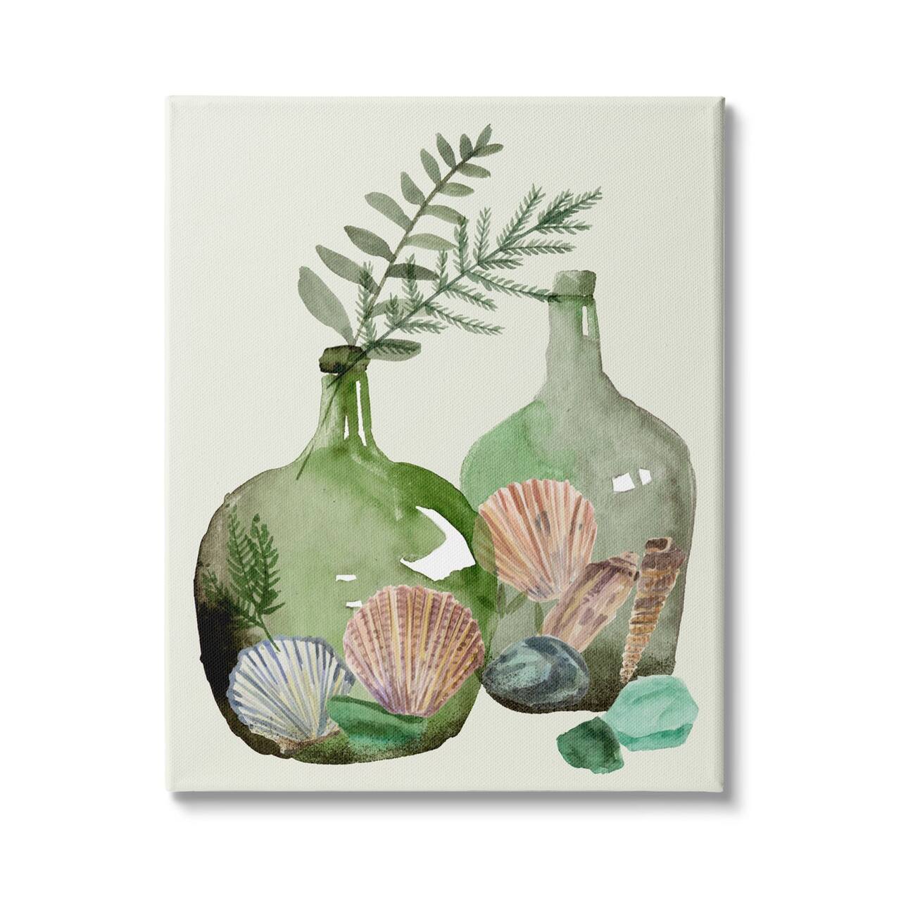 Stupell Industries Fern Foliage in Green Glass Jugs Nautical Seashells Canvas Wall Art